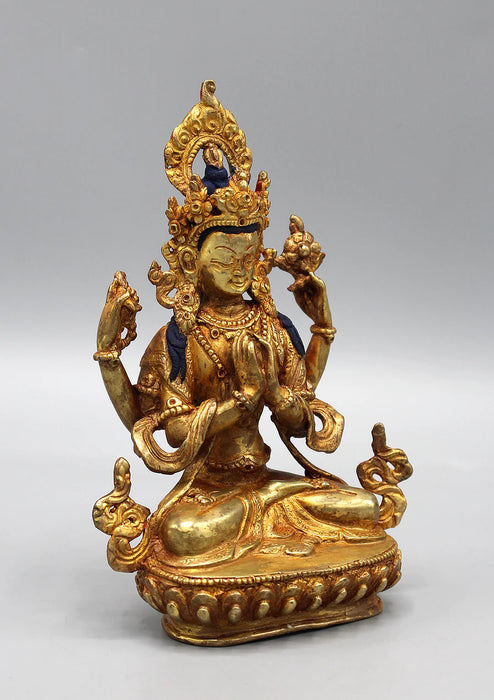 6 Inch Gold Plated Chenrezig Statue - Exquisite Artwork of Compassion