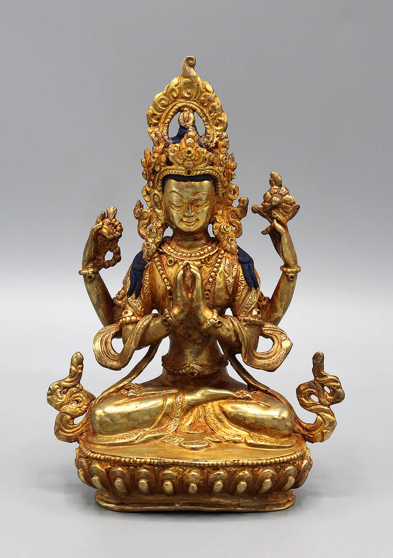 6 Inch Gold Plated Chenrezig Statue - Exquisite Artwork of Compassion - 6