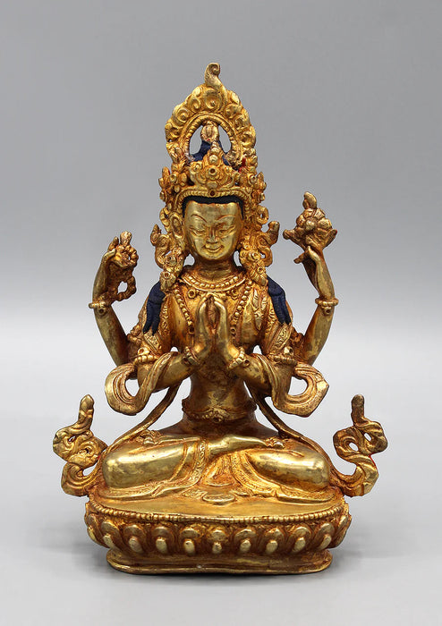 6 Inch Gold Plated Chenrezig Statue - Exquisite Artwork of Compassion