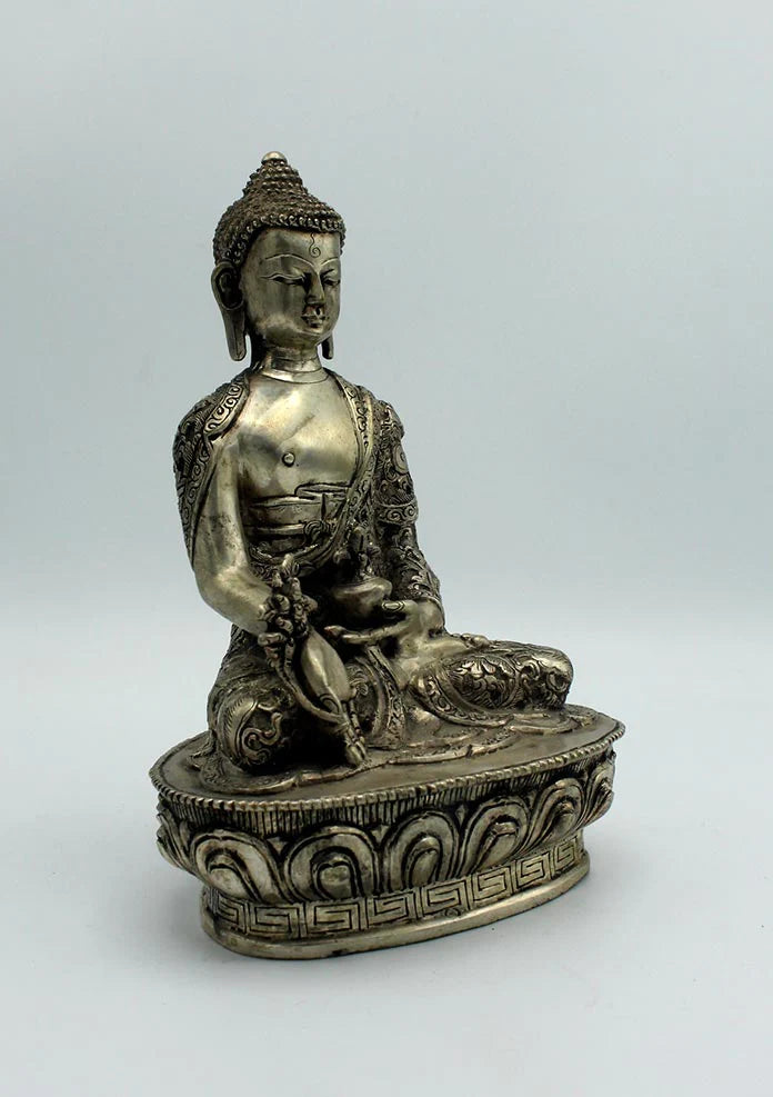 8-Inch White Metal Medicine Buddha Statue with Floral Carvings - Healing Bhaisajya Tathagatta - 4