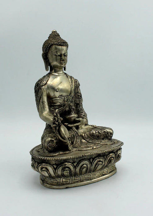 8-Inch White Metal Medicine Buddha Statue with Floral Carvings - Healing Bhaisajya Tathagatta