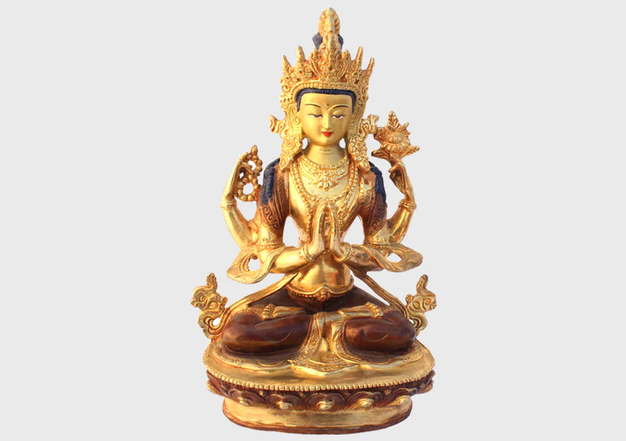 8 Inch Handmade Gold Plated Avalokisteswora Statue - Nepalese Craftsmanship