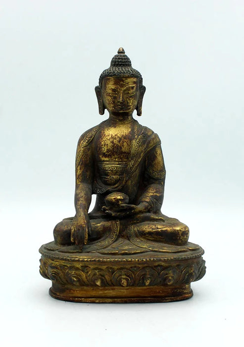 8 Inch Antique Copper Shakyamuni Buddha Statue - Gold Plated Nepalese Sculpture