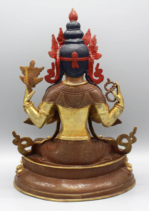 Gold Plated Chenrezig Statue 13 Inch - Exquisite Floral Motif Tibetan Deity Sculpture