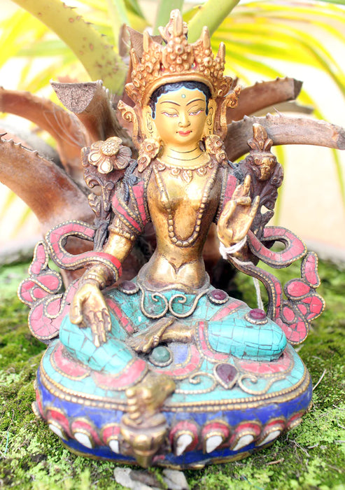 6-Inch Green Tara Statue with Glowing Aura and Inlaid Turquoise Robe