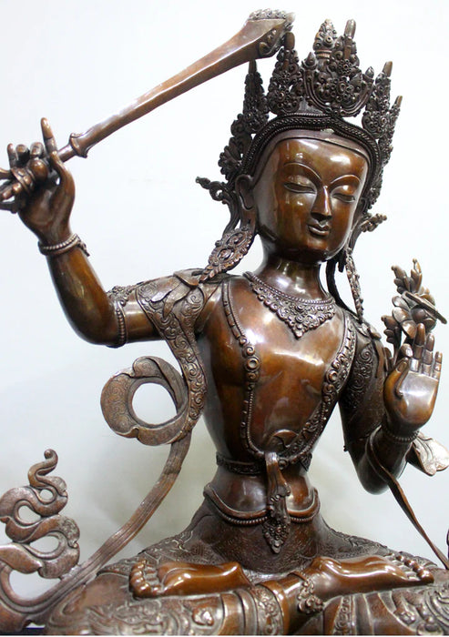 25.5-Inch Handcarved Copper Manjushree Statue - Transcendent Wisdom Sculpture