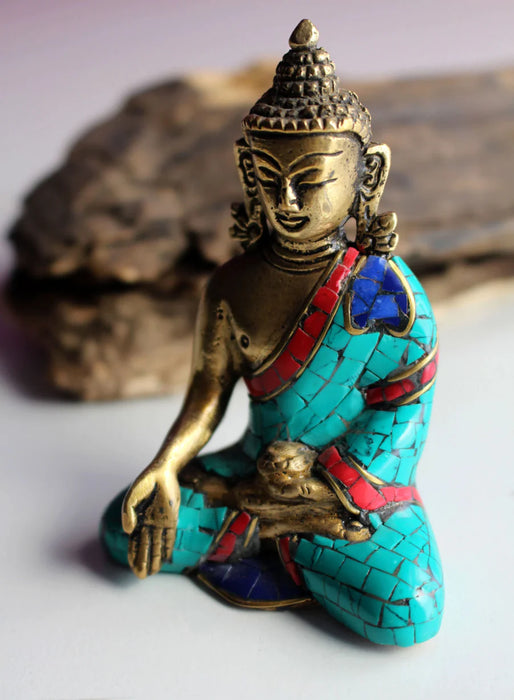 3-Inch Ratnasambhava Buddha Statue with Majestic Faux Turquoise Robe