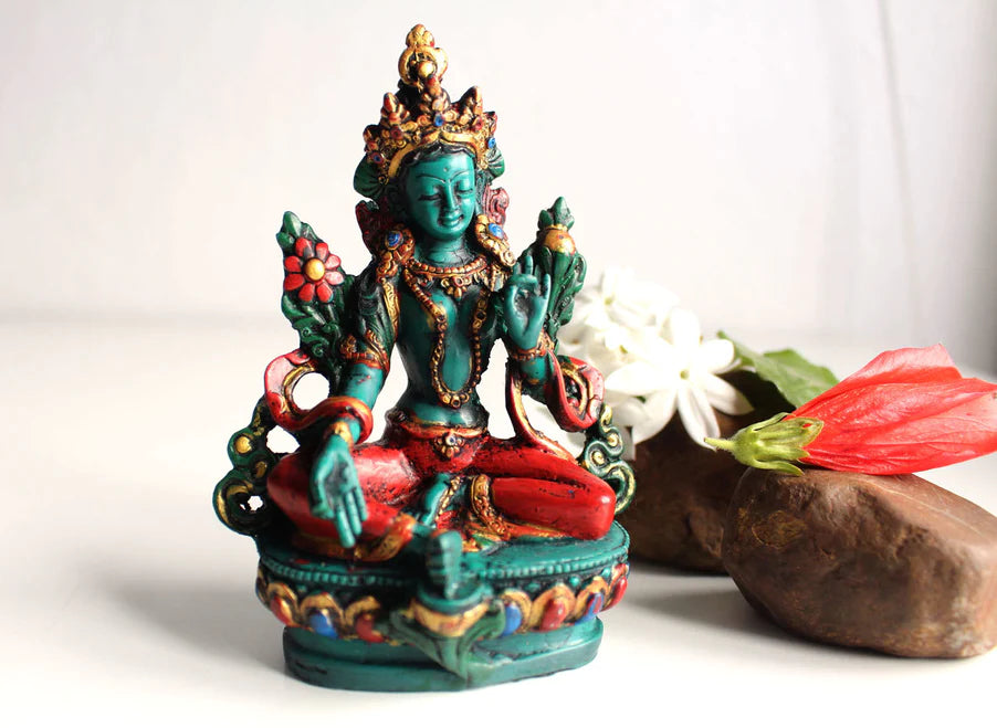 Resin Green Tara Statue - 4.6 Inch Turquoise and Coral Toned Sculpture