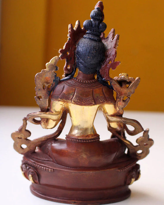 6 Inch Partly Gold-Plated Green Tara Statue with Lotus Base