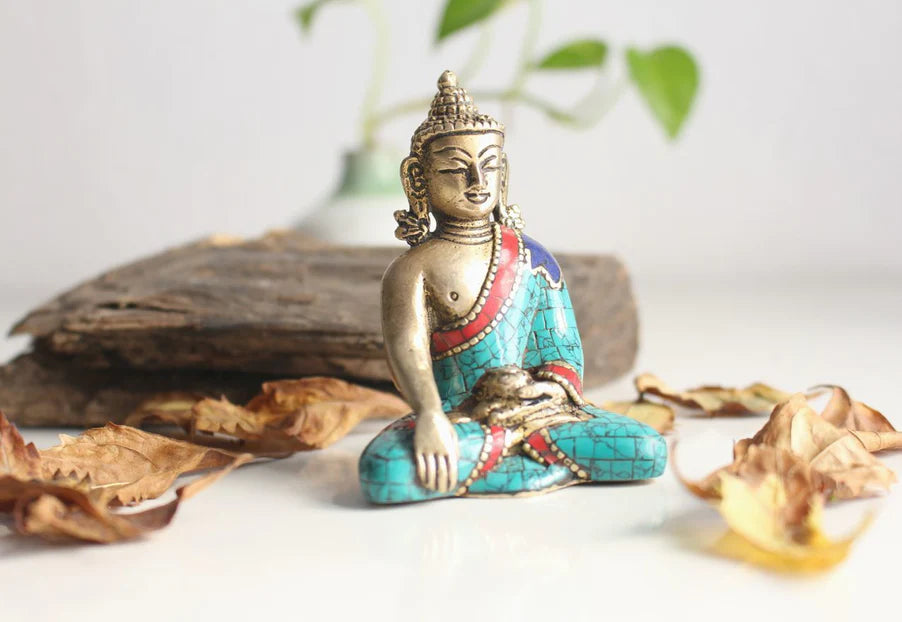 3 Inch Shakyamuni Buddha Statue with Majestic Faux Turquoise Robe