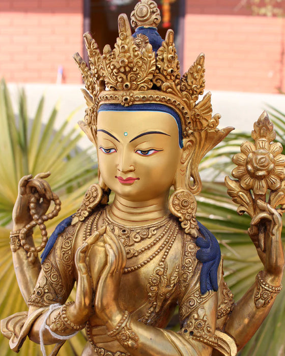 13-Inch Gold-Plated Chenrezig Statue - Intricate Carvings, Masterpiece Craftsmanship