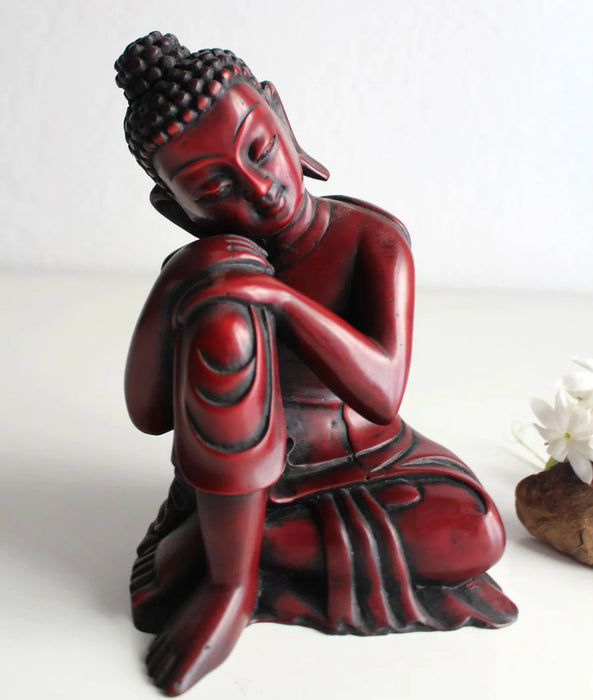 Coral Resin Resting Buddha Statue - 7.5 Inch Handmade Sculpture