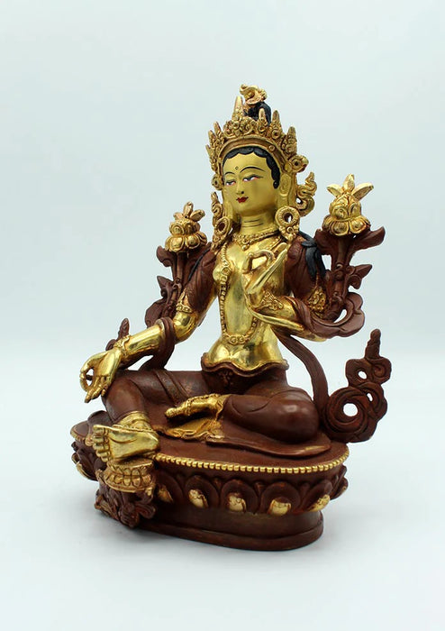 9-Inches Partly Gold Plated Green Tara Statue - Beautifully Crafted Buddhist Art