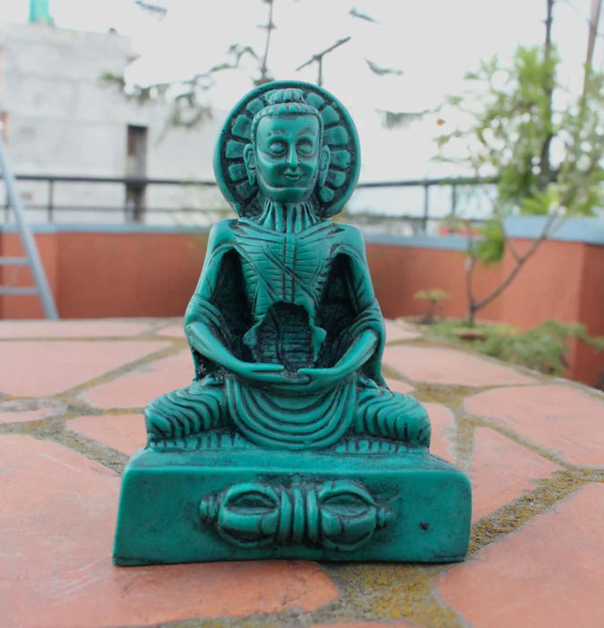 Green Emaciated Meditating Buddha Resin Statue - Handmade Serenity