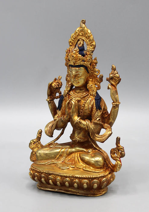 6 Inch Gold Plated Chenrezig Statue - Exquisite Artwork of Compassion