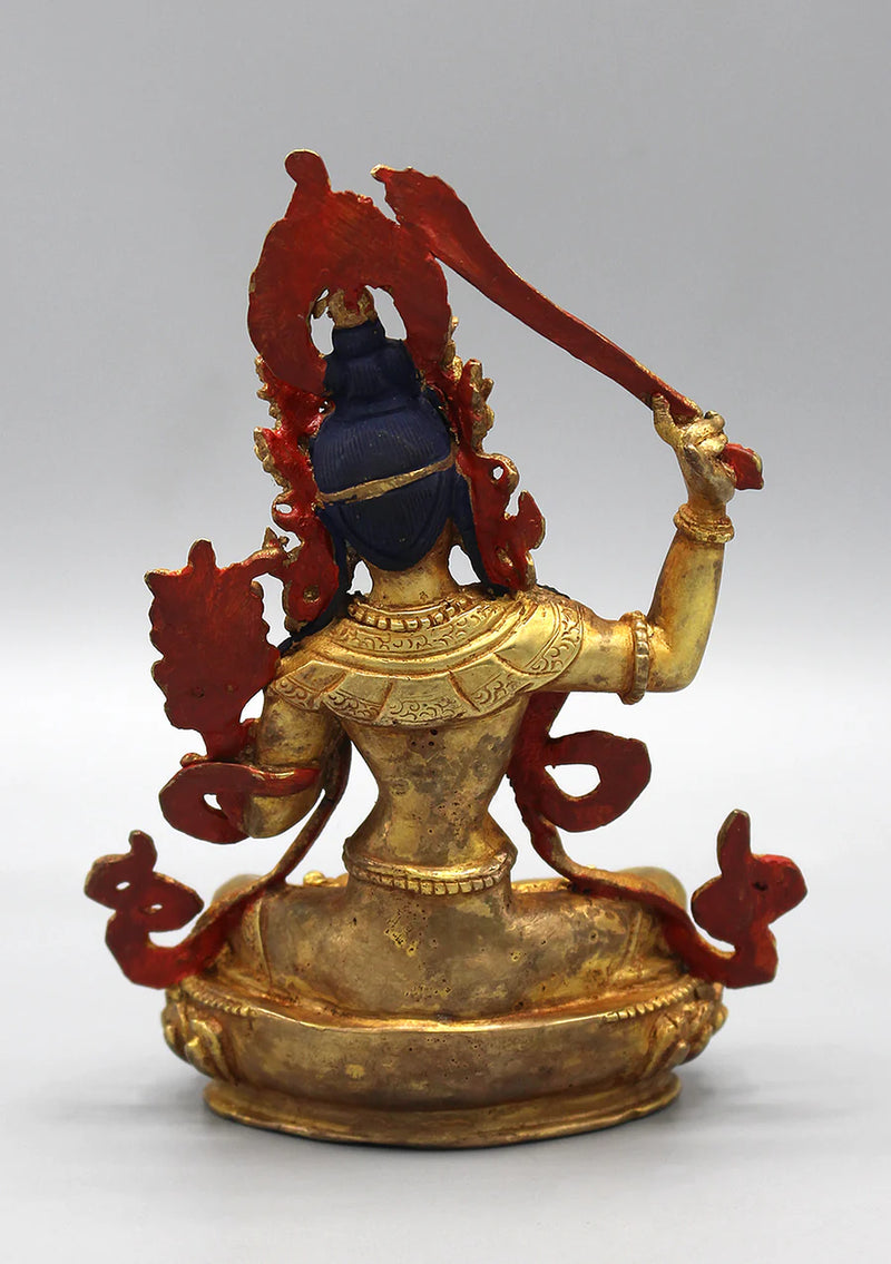 6 Inch Gold Plated Copper Tibetan Manjushri Statue - 4