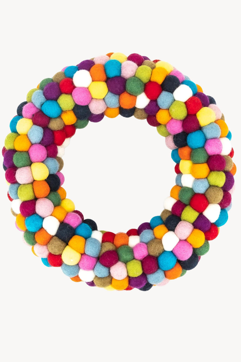 Handmade Wool Felt Ball Christmas Wreath – Multicolor Pom Pom Door Decoration