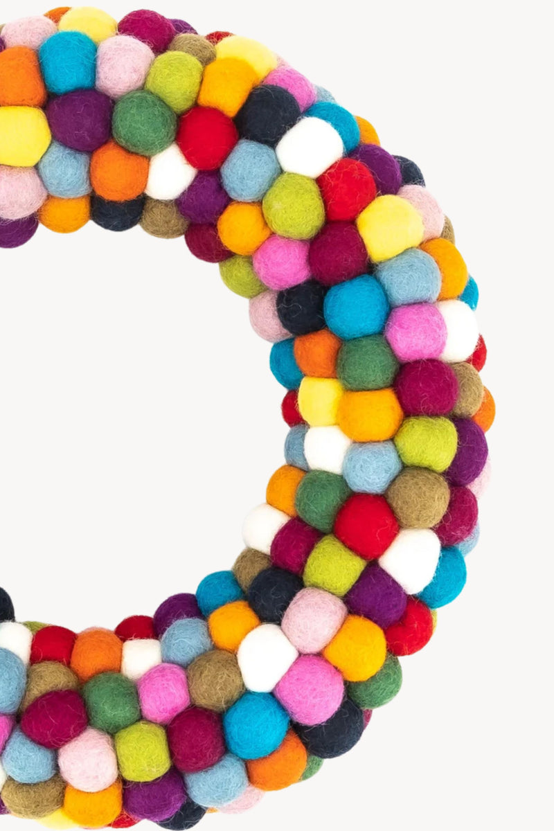 Handmade Wool Felt Ball Christmas Wreath – Multicolor Pom Pom Door Decoration