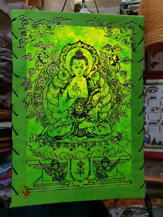 Amogsiddhi Buddha - Lokta Paper Lamp Shade square- Green