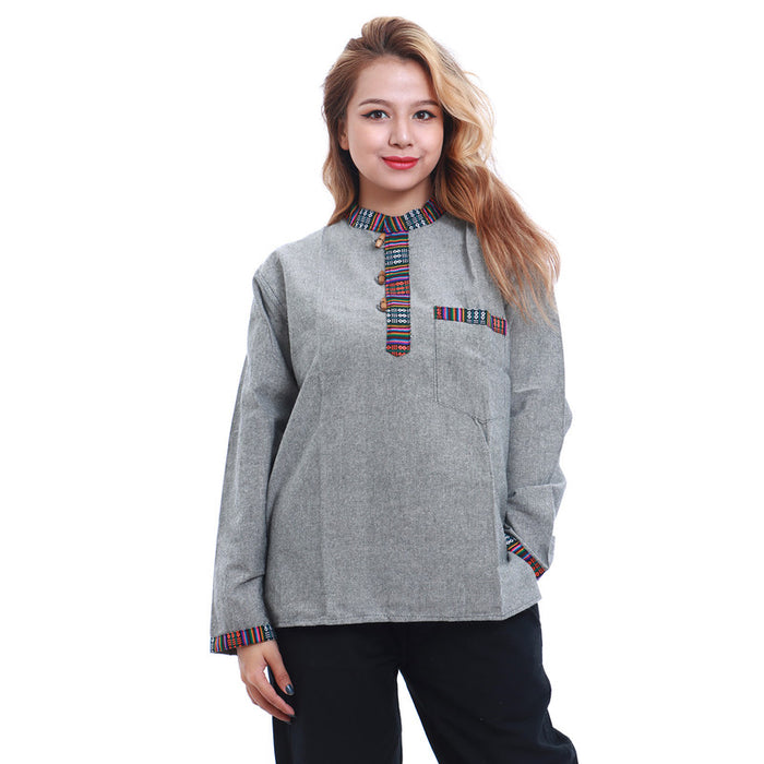 Fair Trade Nepal Light Cotton Shirt Kurtha, Bhutani Border, Unisex, Gray