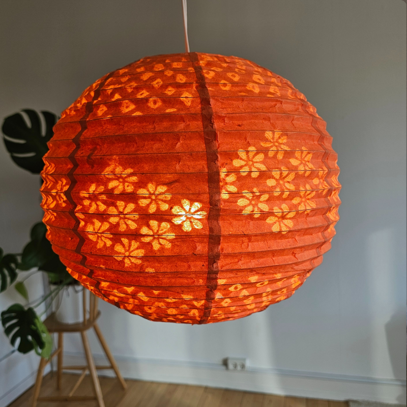 Handmade Orange Lokta Paper Lampshade with Half-Flower Print - 1