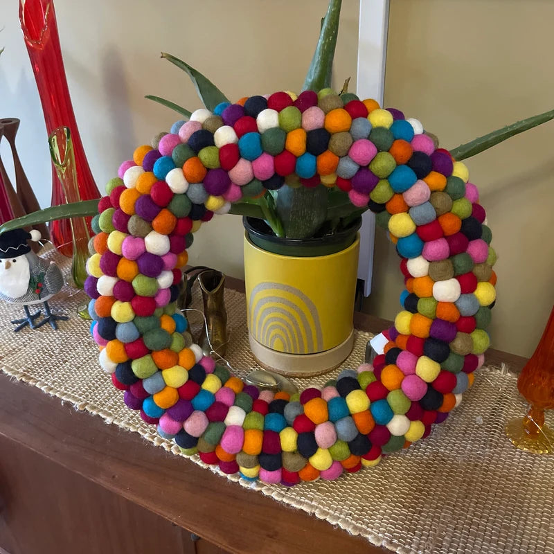 Handmade Wool Felt Ball Christmas Wreath – Multicolor Pom Pom Door Decoration