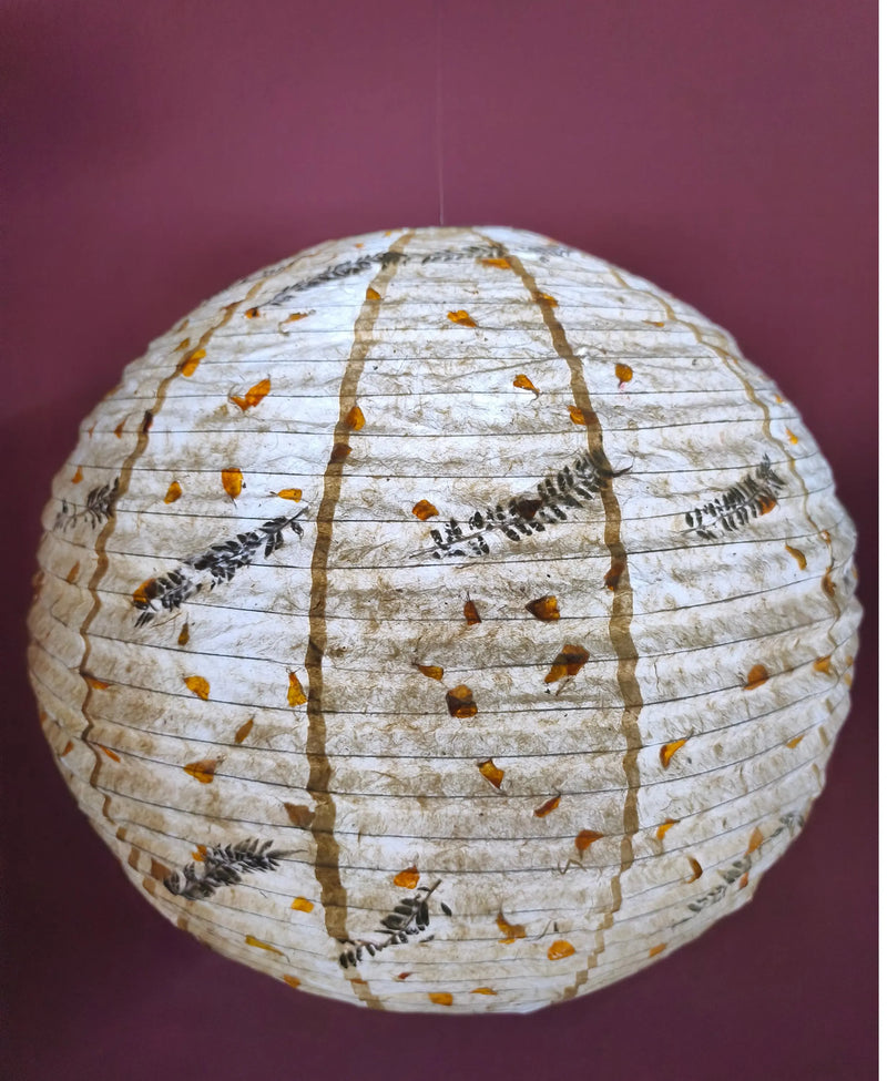 21" Nepali Lokta Paper Lampshade – Botanical Fern & Marigold Petal Hanging Light Shade - Ferns