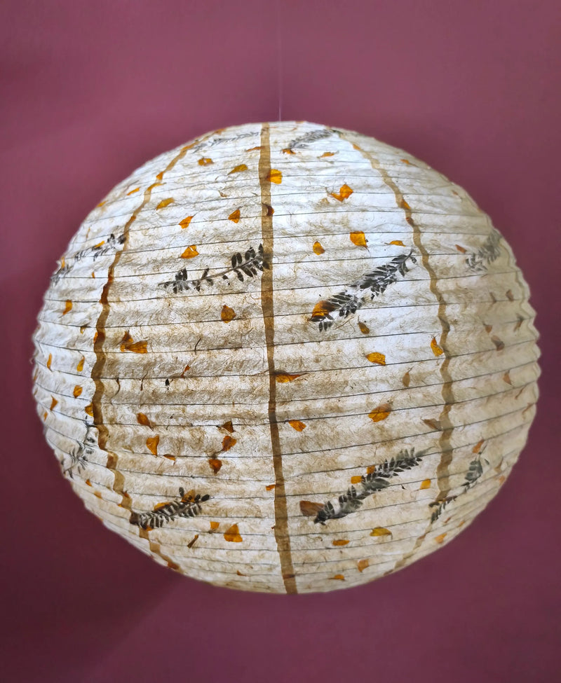 21" Nepali Lokta Paper Lampshade – Botanical Fern & Marigold Petal Hanging Light Shade - Ferns