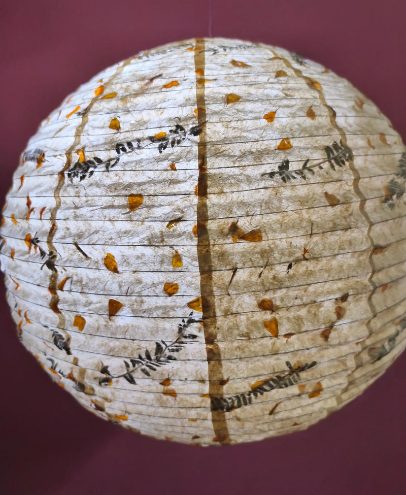 21" Nepali Lokta Paper Lampshade – Botanical Fern & Marigold Petal Hanging Light Shade - Ferns
