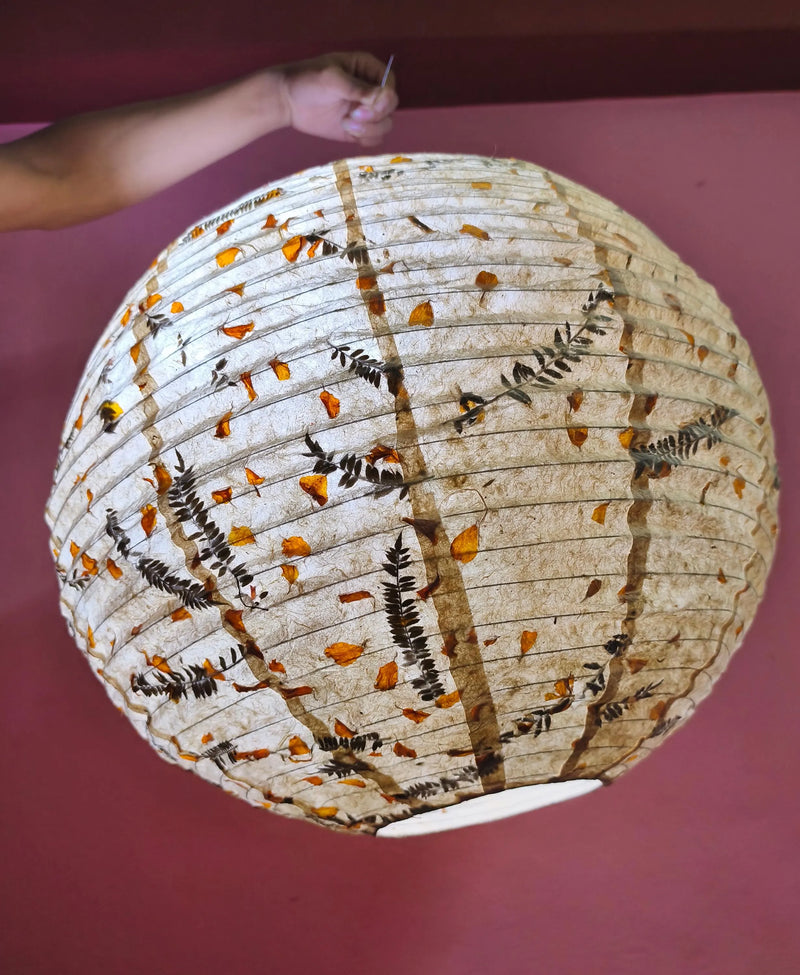 21" Nepali Lokta Paper Lampshade – Botanical Fern & Marigold Petal Hanging Light Shade - Ferns