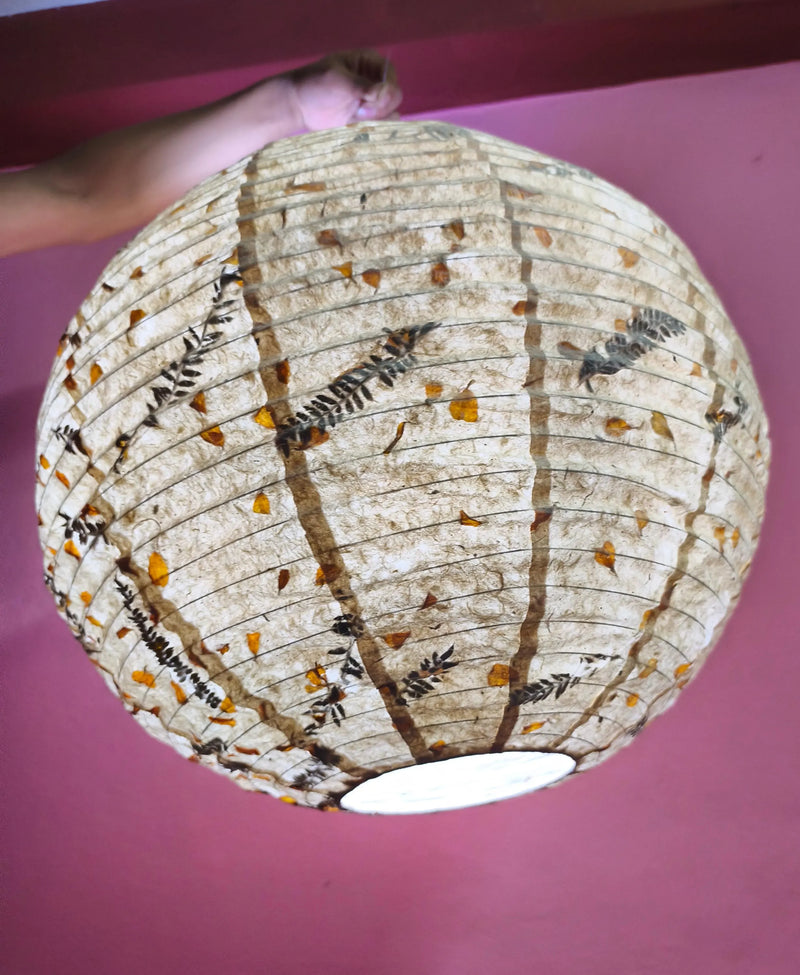 21" Nepali Lokta Paper Lampshade – Botanical Fern & Marigold Petal Hanging Light Shade - Ferns