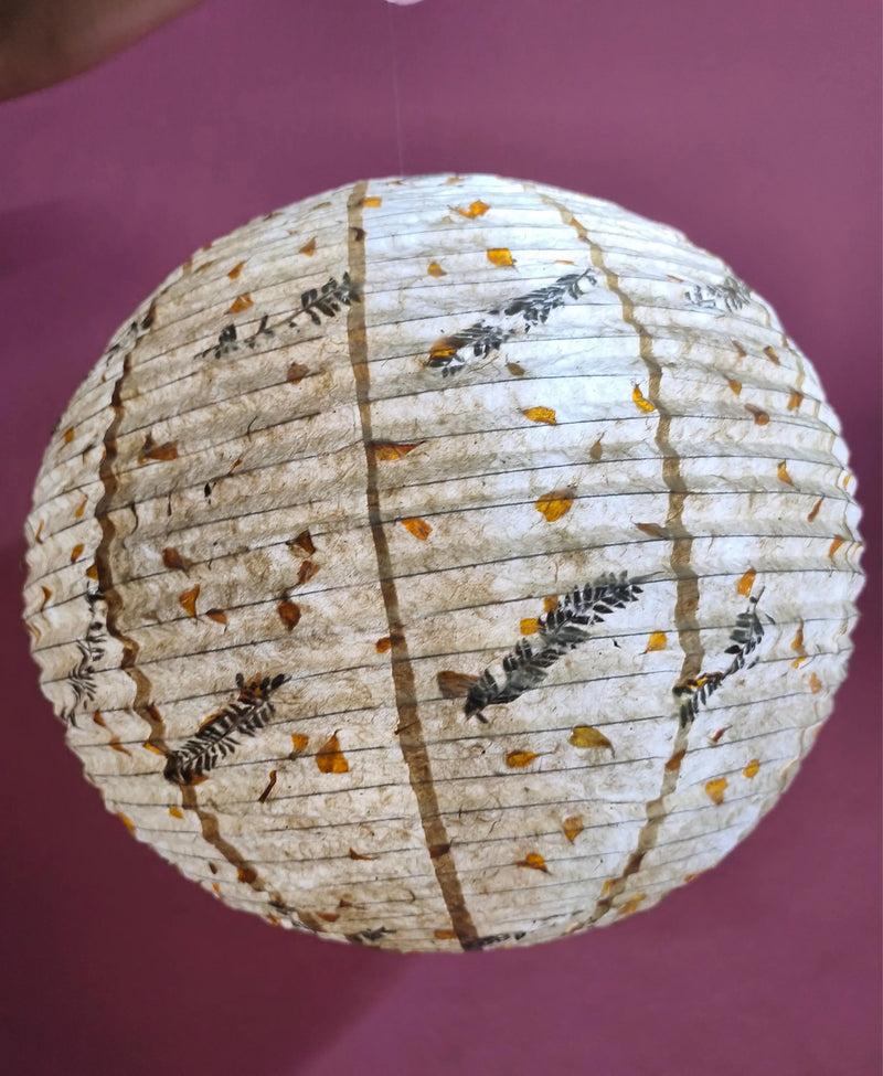 21" Nepali Lokta Paper Lampshade – Botanical Fern & Marigold Petal Hanging Light Shade - Ferns
