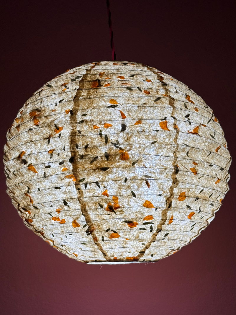 21" Nepali Lokta Paper Lampshade – Botanical Fern & Marigold Petal Hanging Light Shade