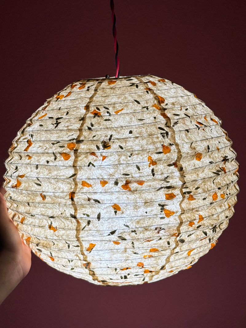 21" Nepali Lokta Paper Lampshade – Botanical Fern & Marigold Petal Hanging Light Shade