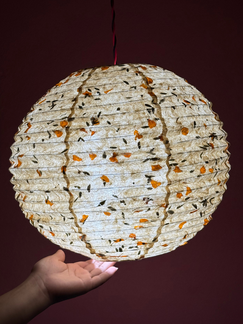 21" Nepali Lokta Paper Lampshade – Botanical Fern & Marigold Petal Hanging Light Shade