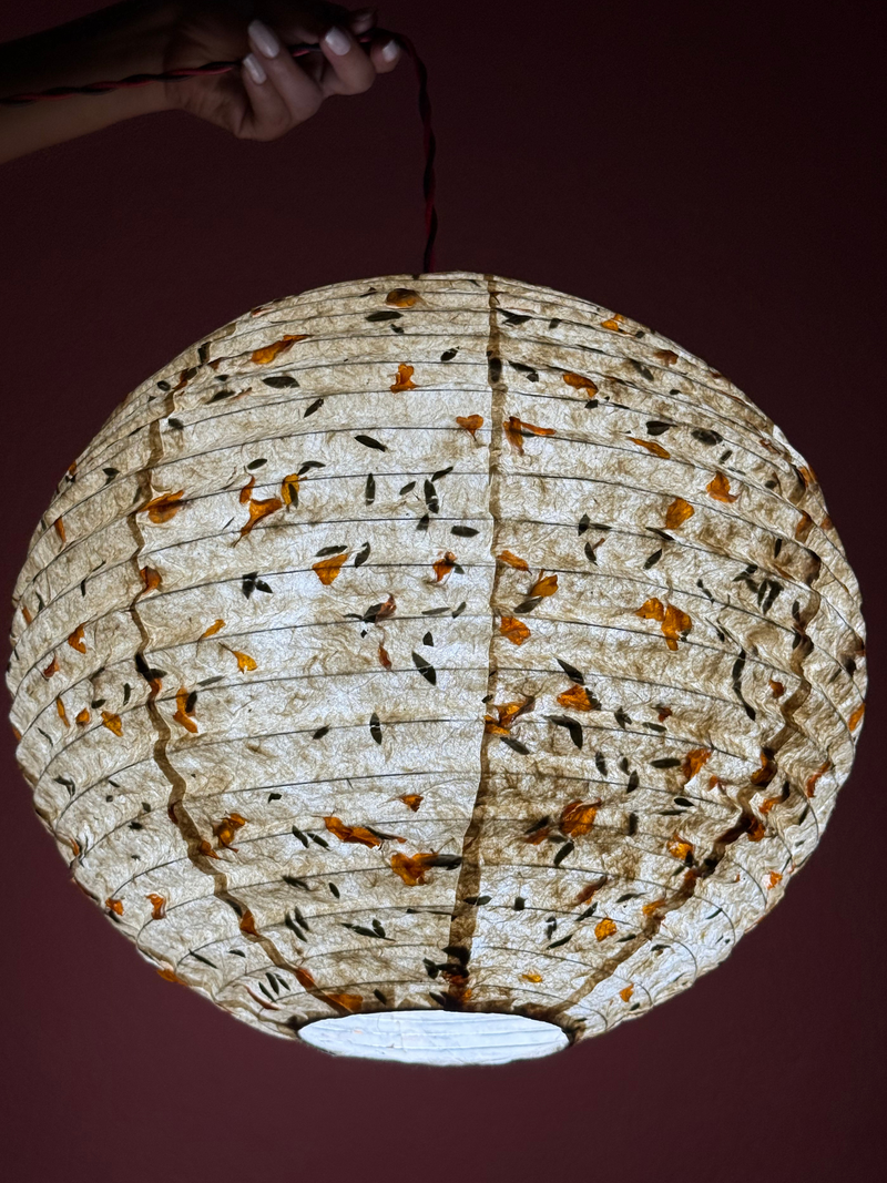 21" Nepali Lokta Paper Lampshade – Botanical Fern & Marigold Petal Hanging Light Shade