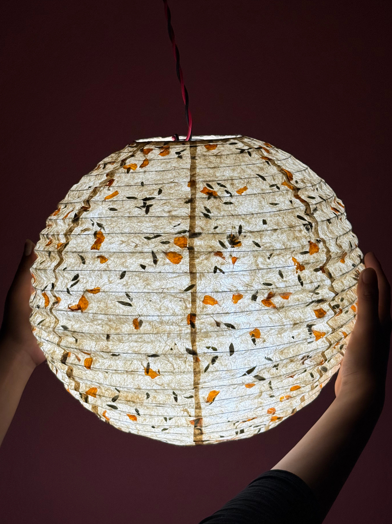 21" Nepali Lokta Paper Lampshade – Botanical Fern & Marigold Petal Hanging Light Shade