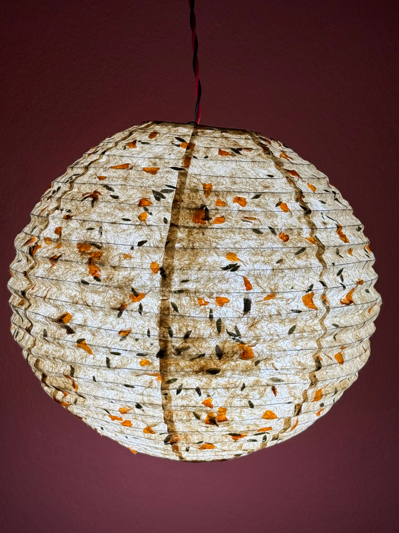 21" Nepali Lokta Paper Lampshade – Botanical Fern & Marigold Petal Hanging Light Shade
