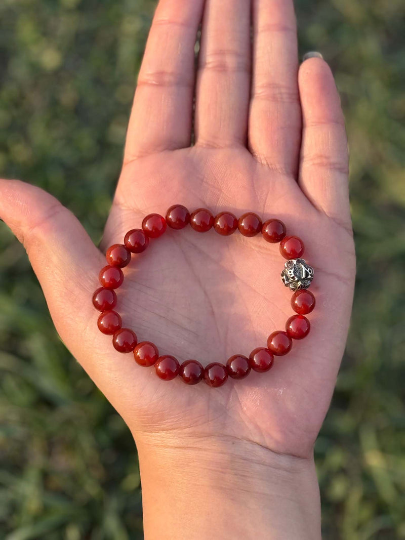 Red Carnelian Gemstone Bracelet with Guru Bead – 8mm Stretch Bracelet