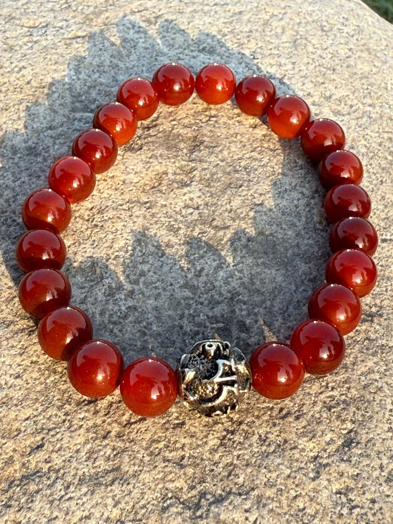 Red Carnelian Gemstone Bracelet with Guru Bead – 8mm Stretch Bracelet