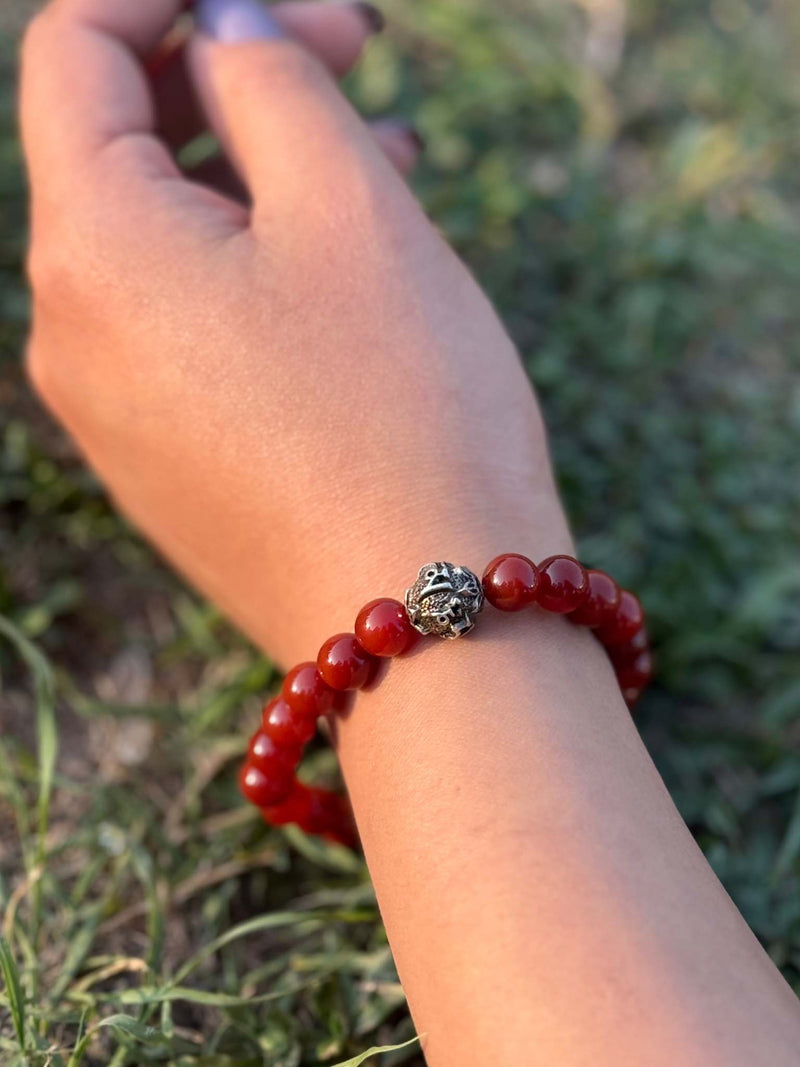 Red Carnelian Gemstone Bracelet with Guru Bead – 8mm Stretch Bracelet