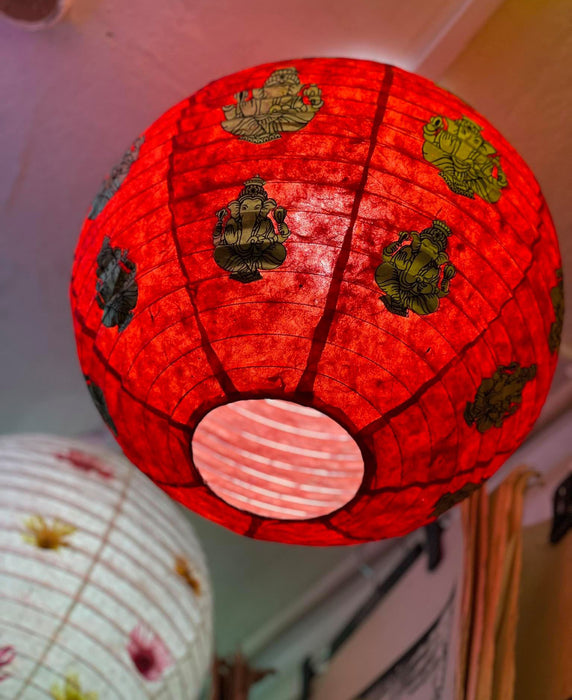 Handmade Lokta Paper Lampshade -Round Shape - Hanging Lampshades, Red Ganesh