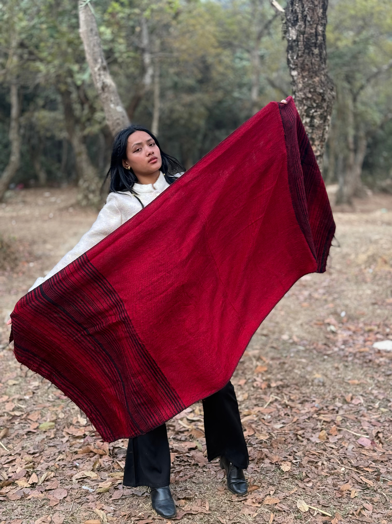 Red Yak Wool Blend Shawl with Striped Border