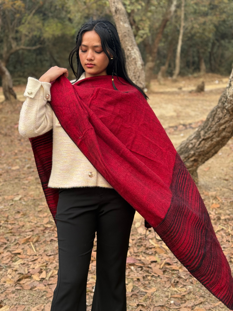 Red Yak Wool Blend Shawl with Striped Border