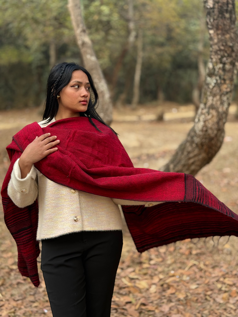 Red Yak Wool Blend Shawl with Striped Border