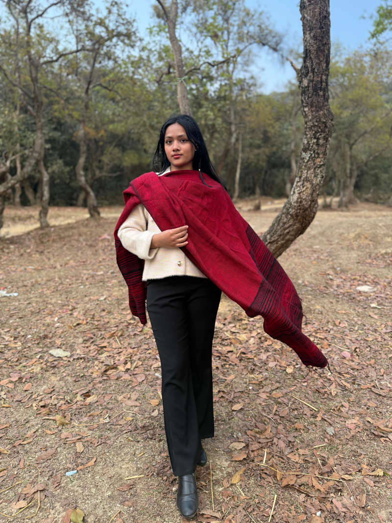 Red Yak Wool Blend Shawl with Striped Border