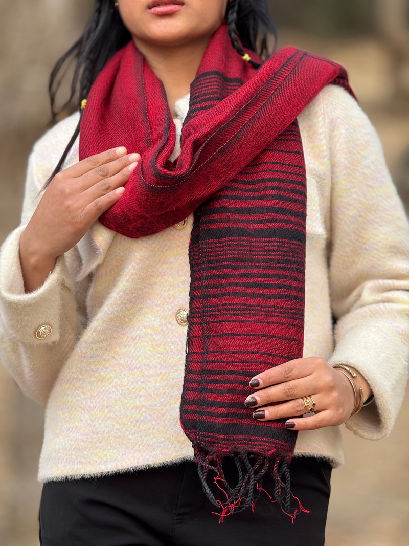 Red Yak Wool Blend Shawl with Striped Border