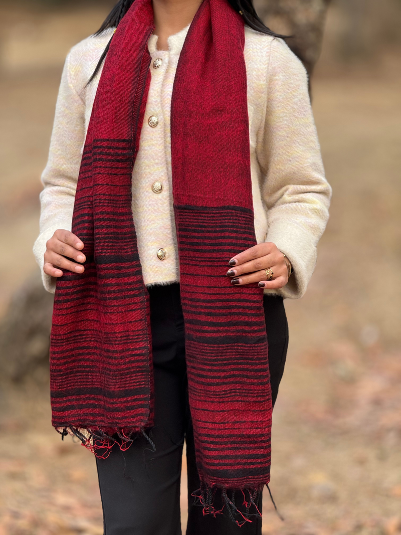 Red Yak Wool Blend Shawl with Striped Border