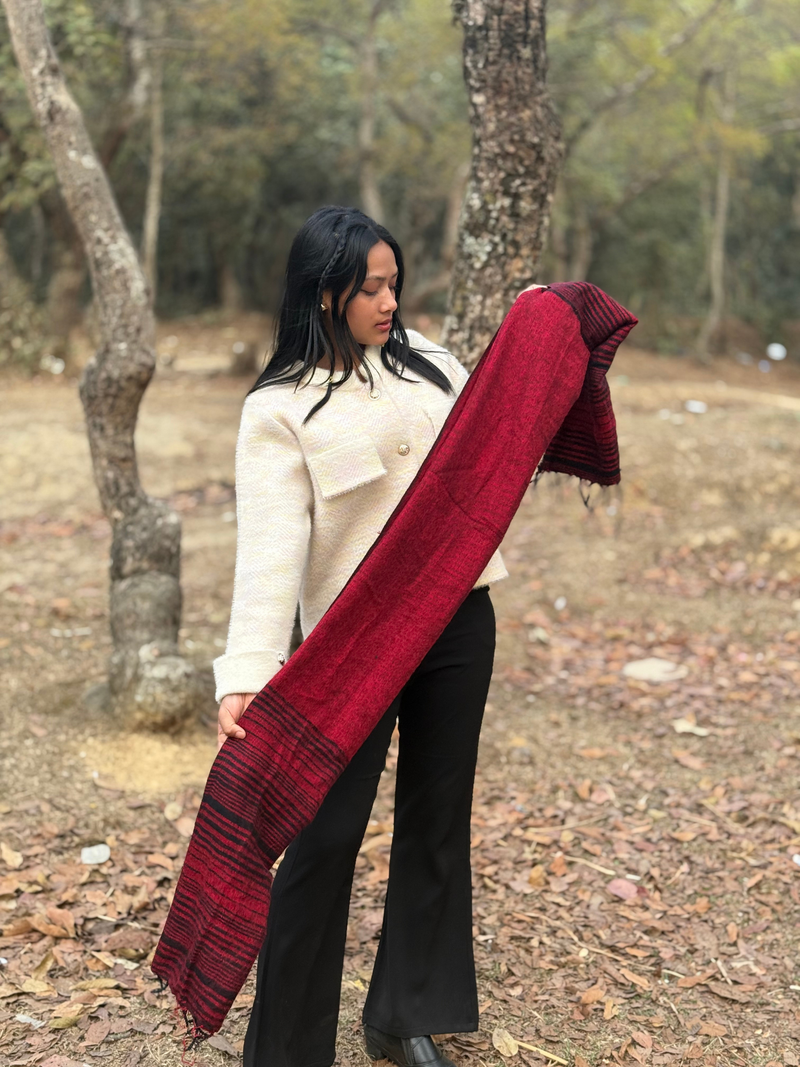 Red Yak Wool Blend Shawl with Striped Border