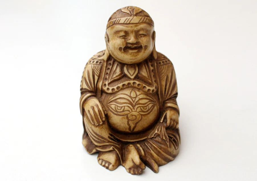 4-Inch Seated Laughing Buddha Resin Statue with Intricate Carvings